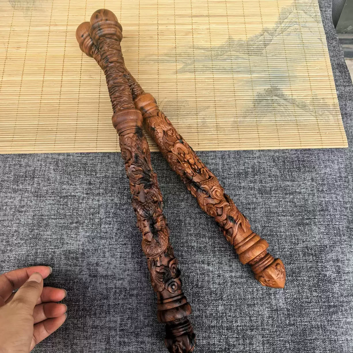 fengshui Taoist 40cm Thunder-Struck Wood Carved Stick 3D Relief Dragon and Cloud Pattern,Handmade Oriental Desktop Wood Ornament