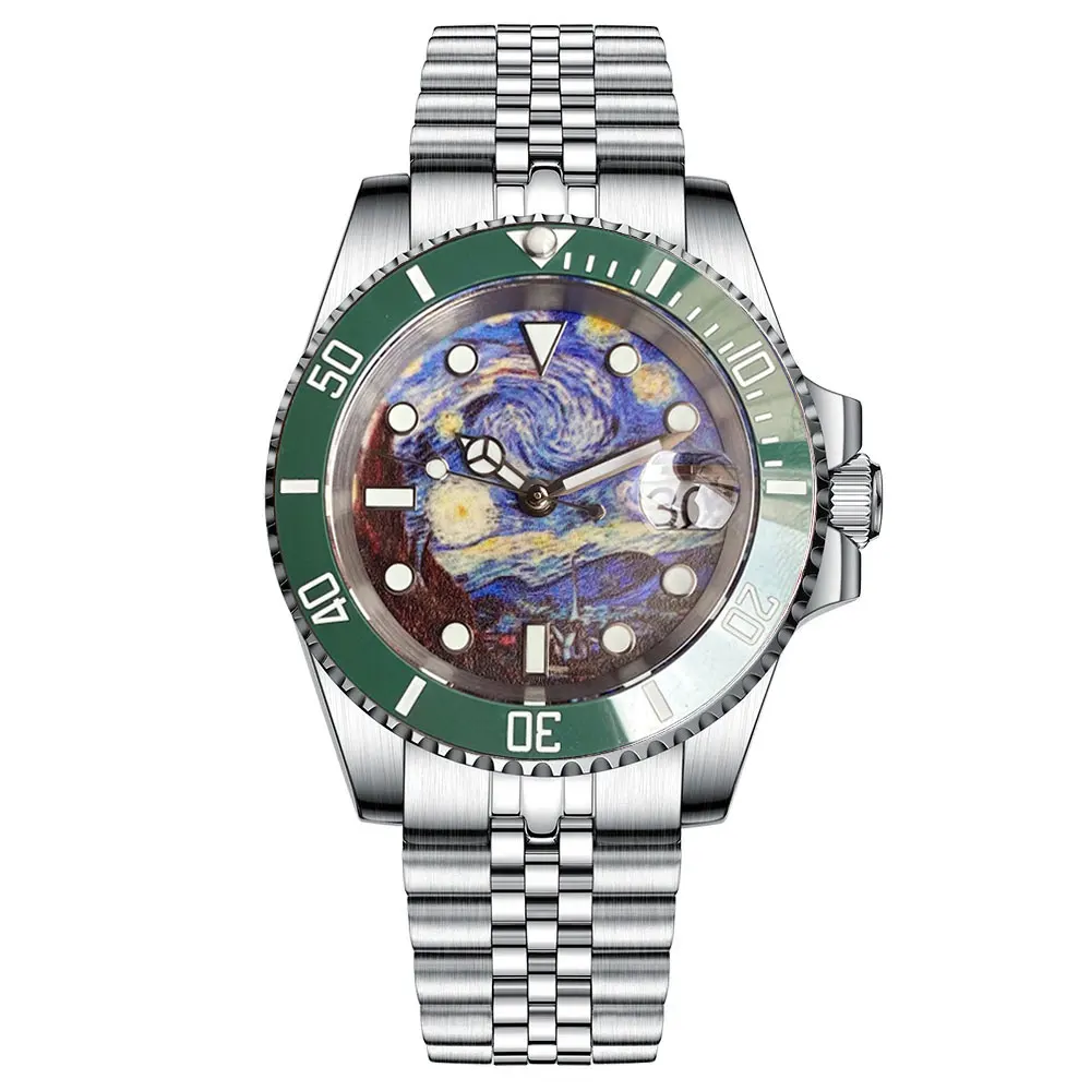 40MM Tandorio Van Gogh Sky Vintage Dive Watch Men's Automatic Mechanical Watch NH35A Sapphire Glass Cyclops Date Magnification