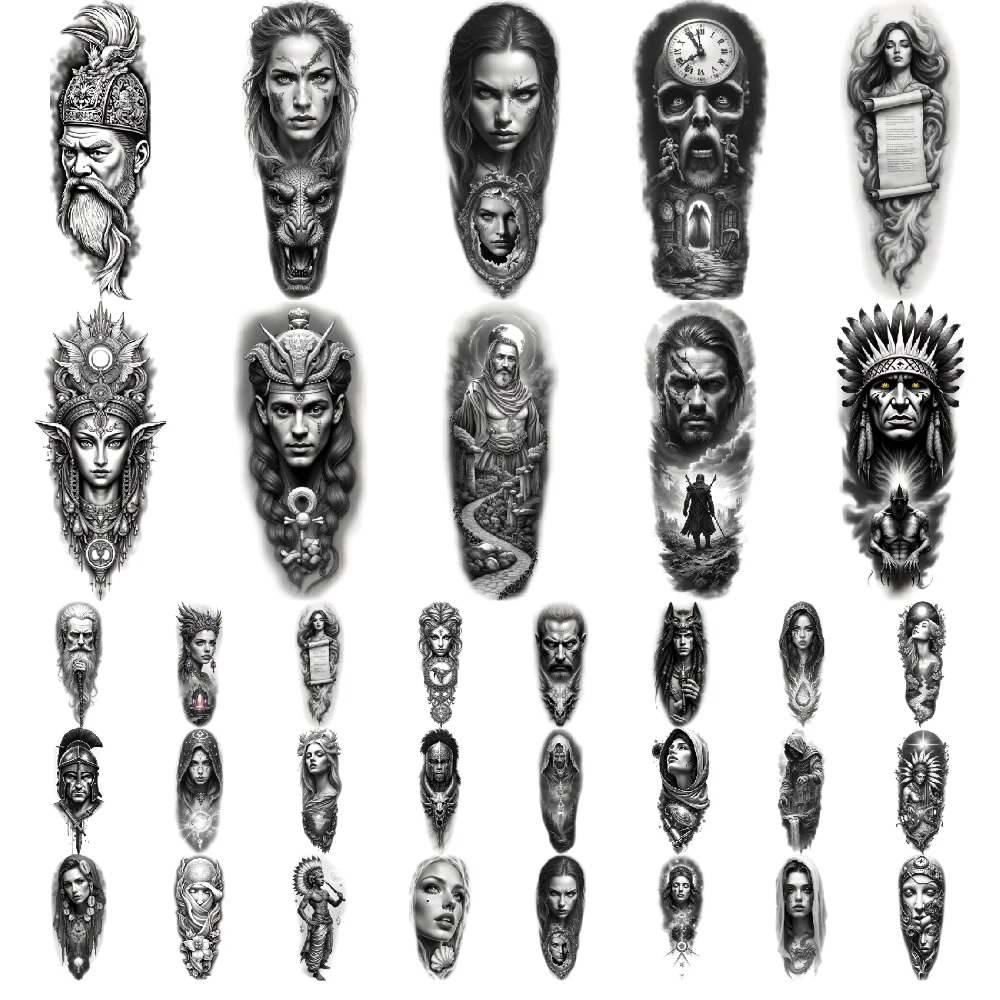

12pcs Temporary Tattoo Waterproof Long-lasting Body Stickers Skull With Clock Female Warrior Woman With Ornate Headdress For