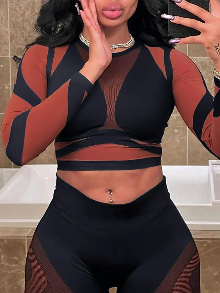 LW Sexy Pant 2 Piece Sets Women Outfit 2024 Autumn Skinny Round Neck Crop Tops Bodycon Streetwear See Through Yoga Pants Set