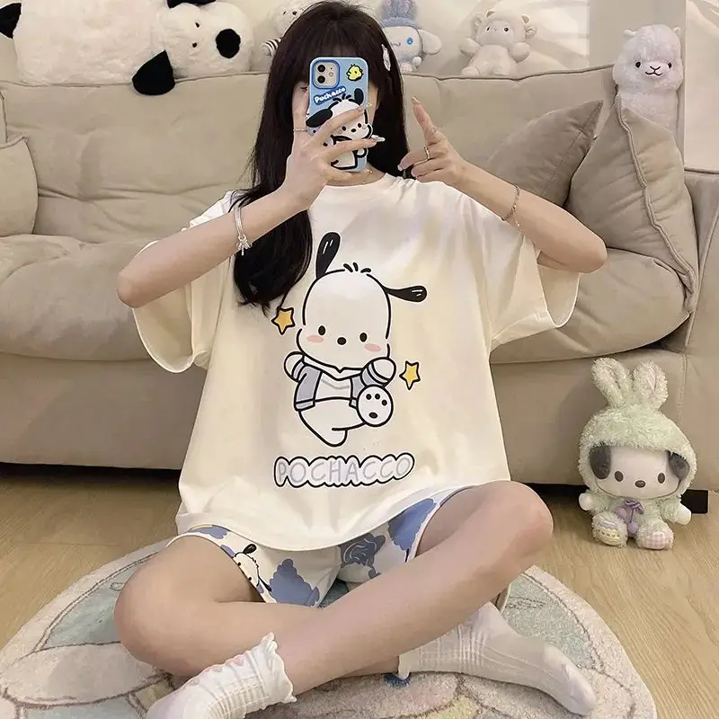 

Pochacco Kawaii Sanrio Anime Short Sleeve Pants Pajamas Cute Cartoon Summer Outside Wearing Home Clothing Gifts for Girls