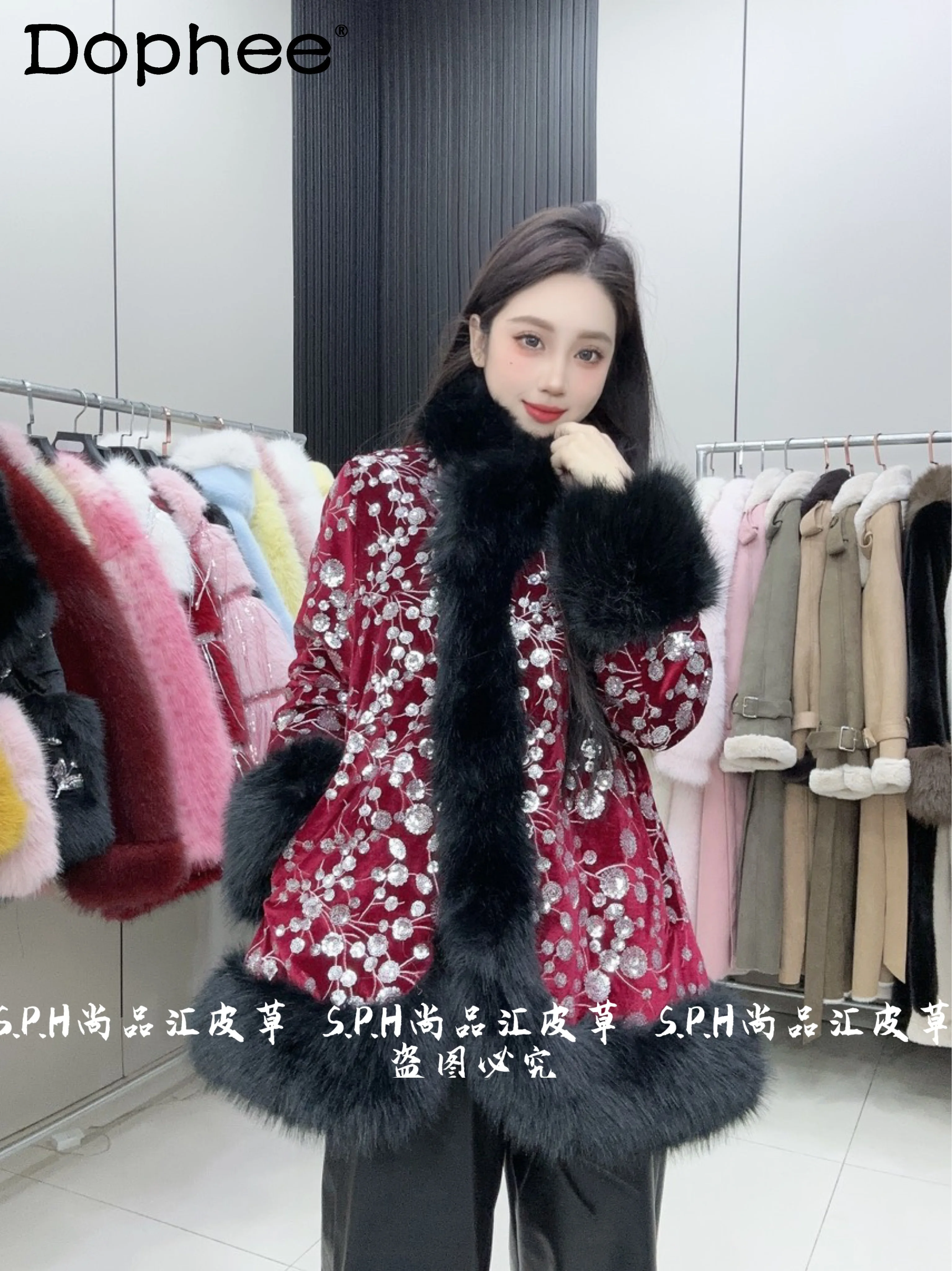 

Fashion Silver Fireworks Velvet Heavy Industry Sequins Winter Cotton Jacket 2025 New Vintage Color Matching Faux Fur Coats Women