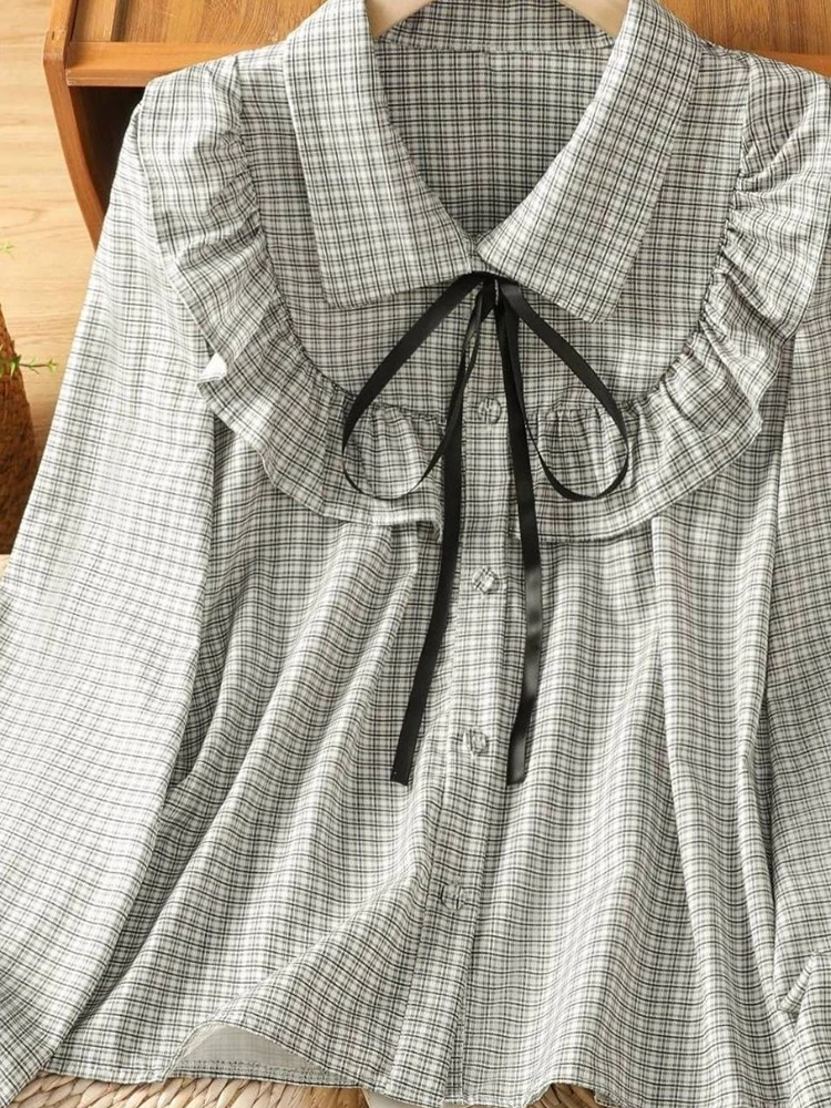 Koszule w kratę w stylu preppy z kokardą damskie 2025 jesień, koszule z kołnierzykiem, wiązane na kokardę, łączone falbanki, luźne bluzki, koreański szyk, uniwersalna bluzka