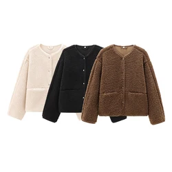 YENKYE New Women Soft Solid Teddy Jacket Long Sleeve O Neck With Pockets Autumn Winter Outerwear Casual Lady Coat
