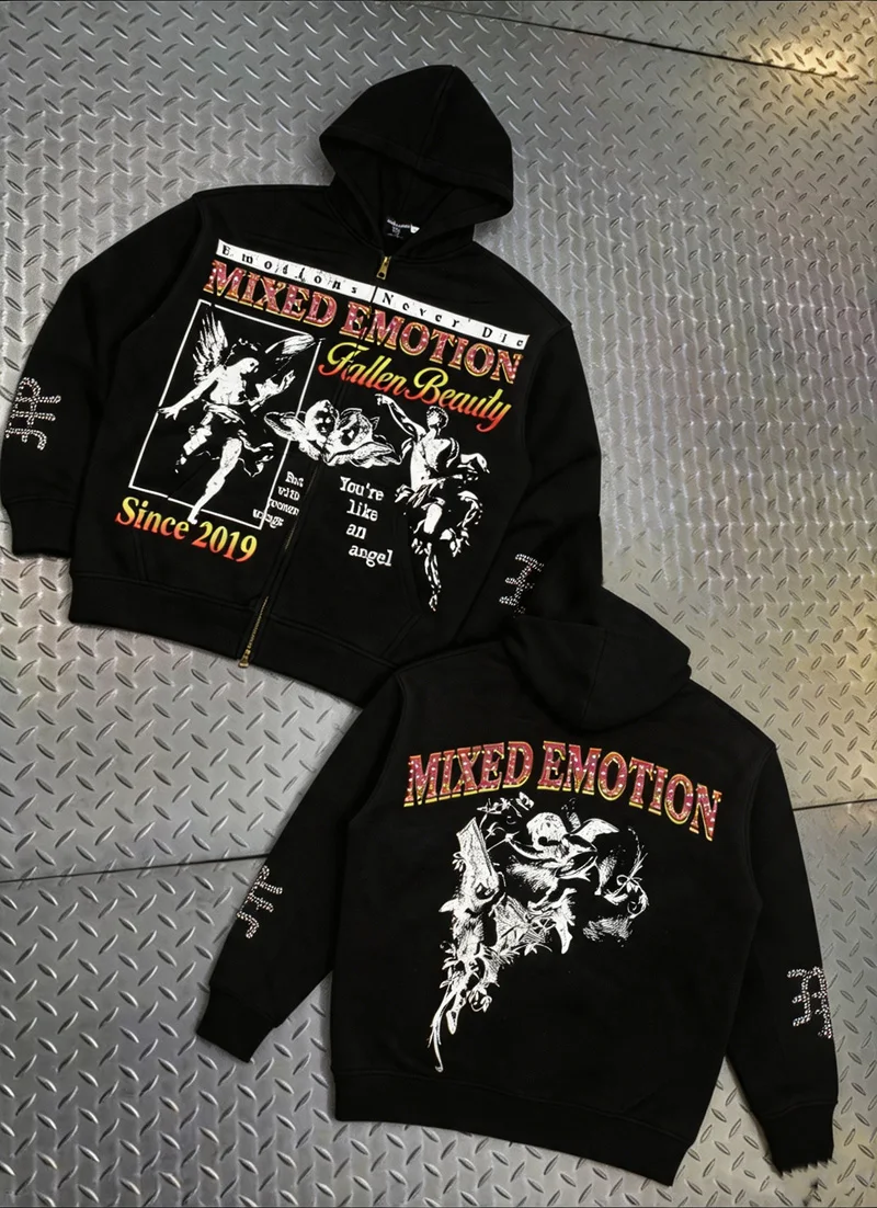 Oversized Hooded Pullover Sweatshirt Hip Hop Punk Men's and Women's Baggy Full Zipper Jacket Angel Graffiti Printed Wash Hoodie