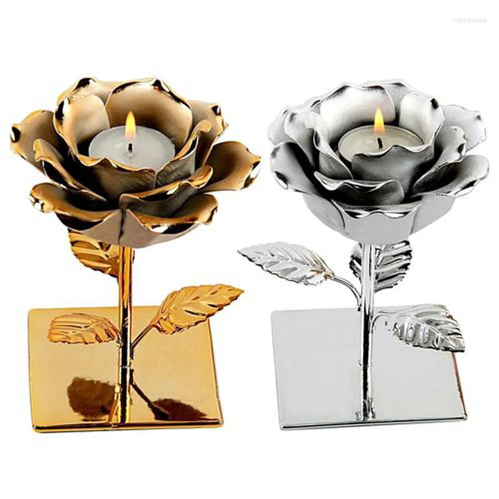 Rose Candle Holder Wrought Iron Metal Candlestick Ornament Art Crafts Decor for Home Bedroom Wedding Party Decoration