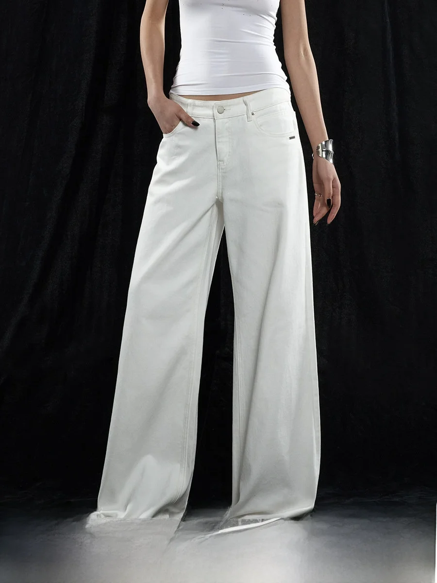 

Ourhour White Wide Leg Loose Women's Jeans Back Pocket Overlap Design Casual Spring Long Trousers Cotton Natural Waist