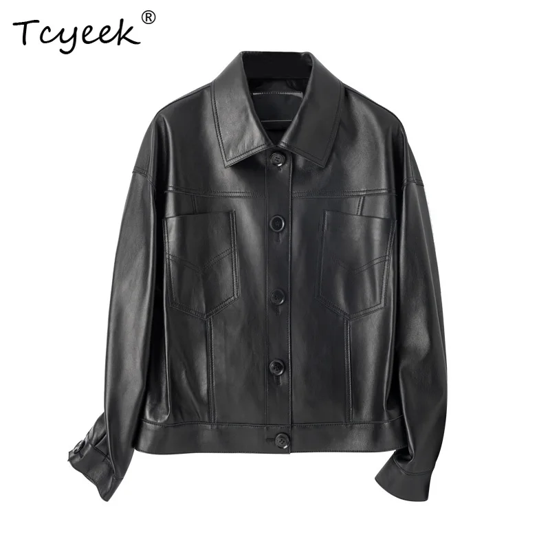 Tcyeek 양피 봄 가을 Fangling 기관차 트렌디 짧은 검은 여성 정품 가죽 자켓 Женская Кожаная Куртка