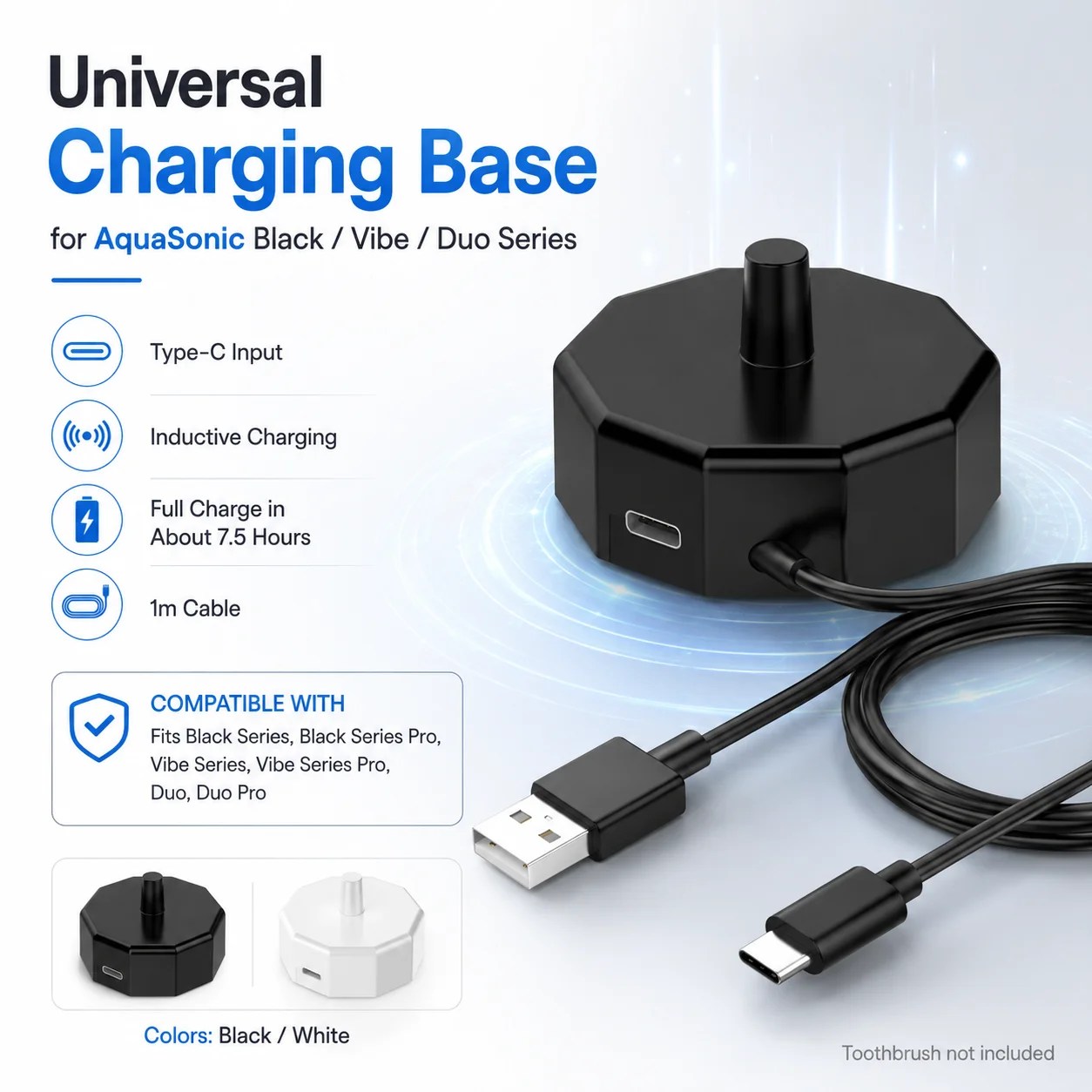 Universal Electric Toothbrush Charging Base  for AquaSonic Black ,Black Pro,Vibe Pro,Duo Pro Series Type-C Fast Charging Cable