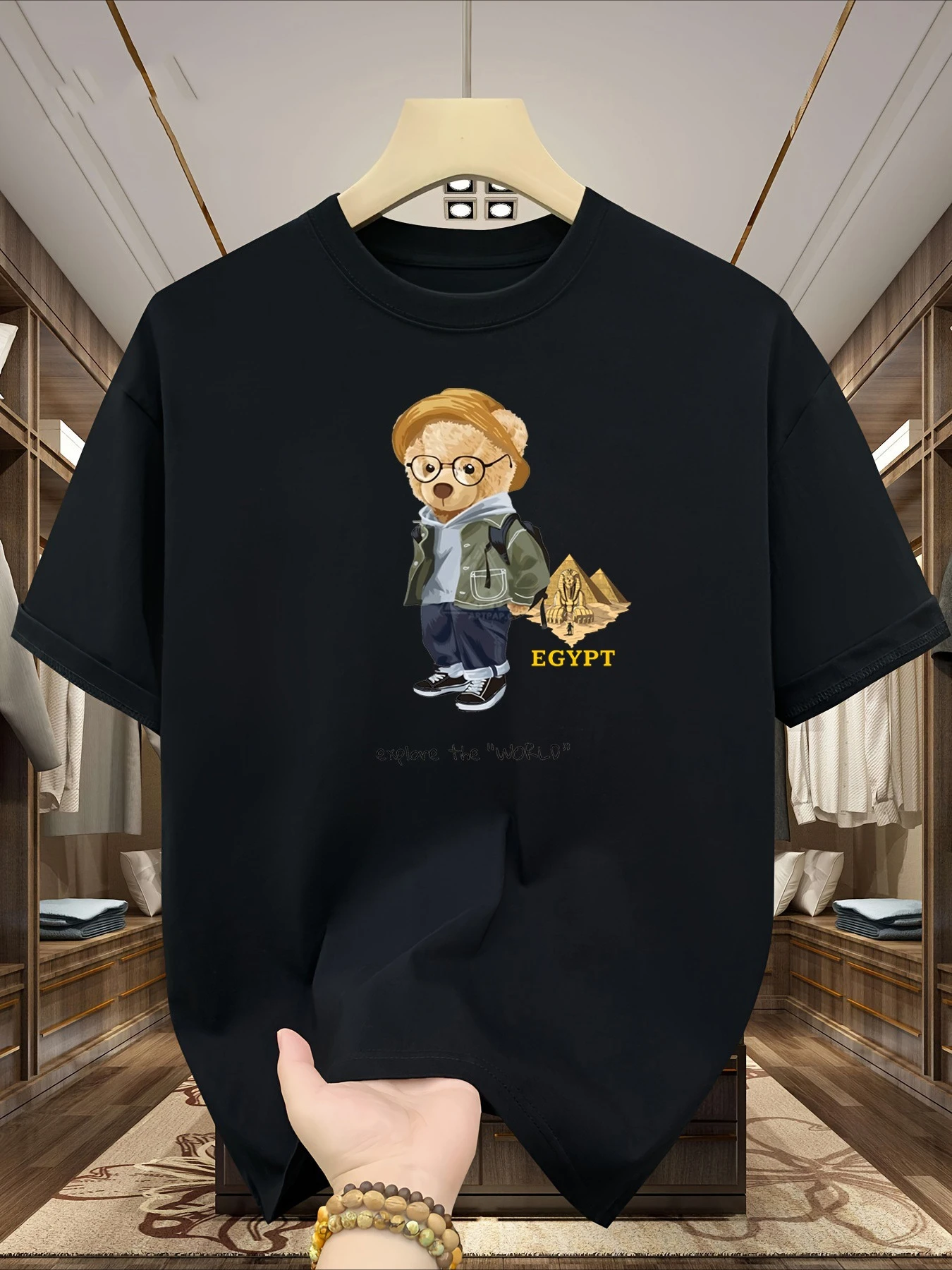 

Летняя модная футболка из чистого хлопка для отдыха и путешествий с мультяшным рисунком медведя и круглым вырезом с короткими рукавами, топ унисекс