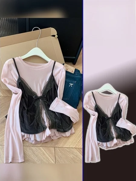 

plus Size Women's Lace Trim V-Ne Vest Top Long Sve Csole Set Underwear High Waist Knot Spring Faion