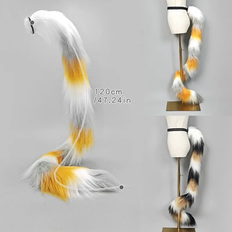 Handwork 120cm Long Cat Tail Furry Fandom Fursuit Imitation Skeleton Calico Cats Wrap Leg Tails Cosplay Props