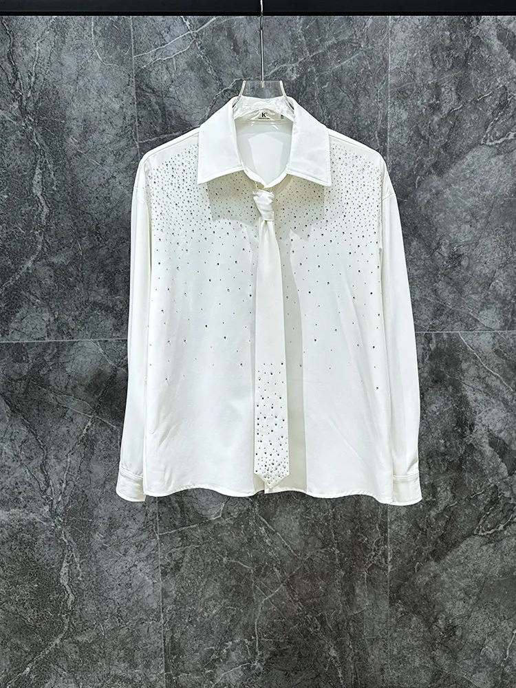 Rhinestone Tie Shirt for Men Korean Fashion Long Sleeved Casual Shirts Trendy Nightclub Banquet Party Dance Performance Clothing