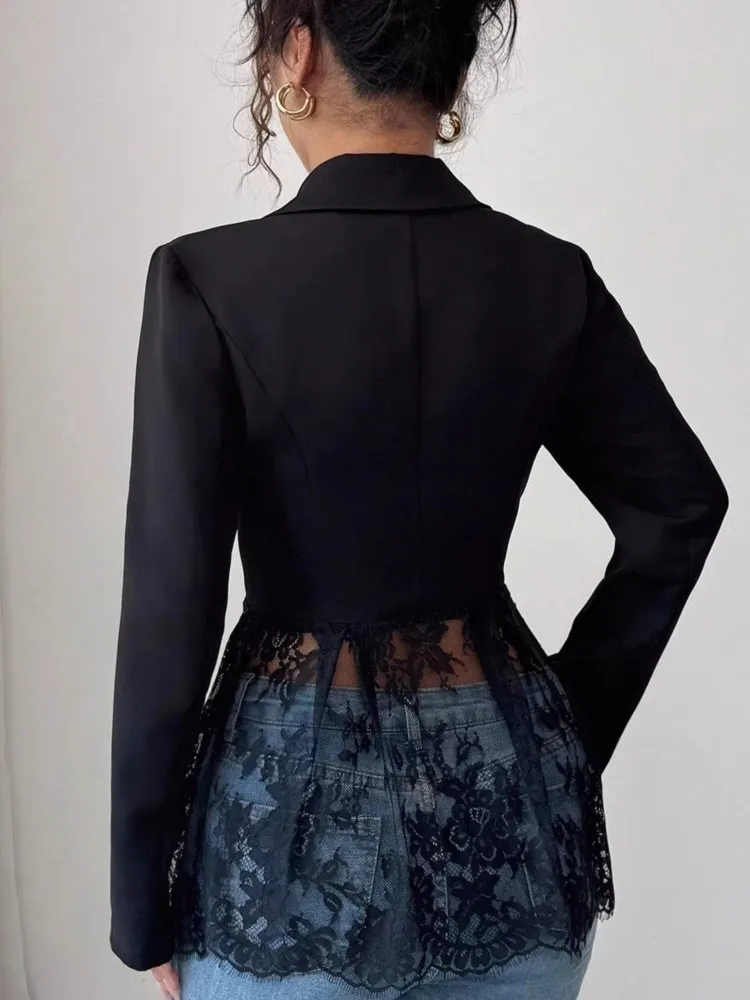 Elegant Women Solid Lace Patchwork Blazer Spring Autumn Fashion Notched Collar Long Sleeve One-button  Sexy Versatile Suit Coat