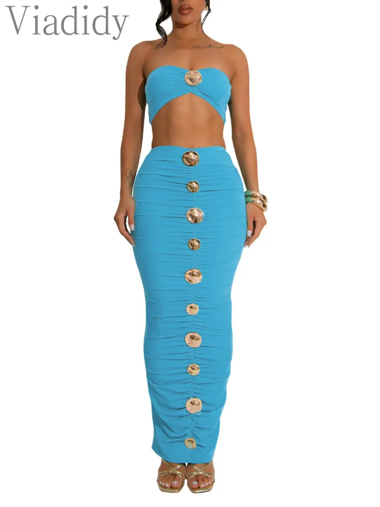 

Женский сексуальный однотонный топ-бандо без бретелек и высокая талия с рюшами и пуговицами, комплект из 2 предметов