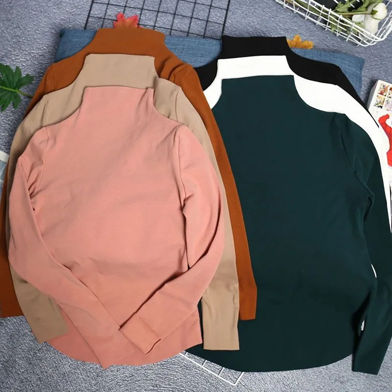 2023 New Bottoming Shirt Women's Brushed Top Korean Style Solid Color Tees Long Sleeve Middle Collar Fall Winter Slim T-Shirts