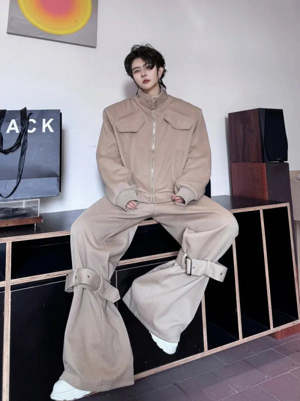 

Faionable Sportswear Set for Men with Zipper Jaet And Pants Long Sve Hoodie And Trousers Metal Bule Collared Cardigan