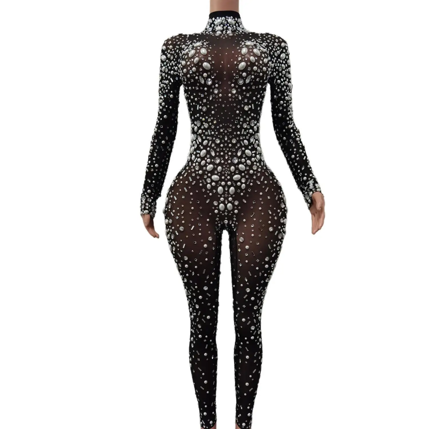 

Fashion Long Sleeve See Through Club Rompers Female Dancer Outfits Bodycon One Piece Bodysuit Women Sexy Rhinestone Jumpsuit