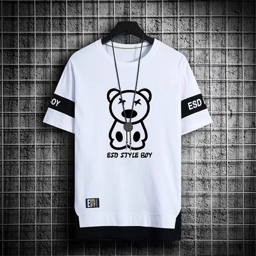 T-shirt Shorts Set Male Casual Wear Men's Loose Fit Bear Pattern T-shirt Wide Leg Shorts Set Comfortable Stylish for Active