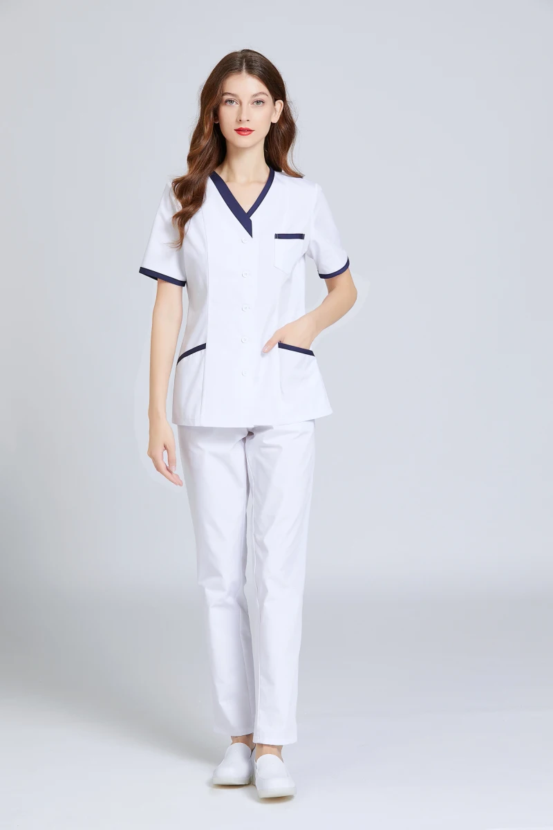 Women's Summer Short Sleeve Nurse Work Clothes Beauty Salon Skin Caring And Spa White Uniforms Fitted Suit Front Button