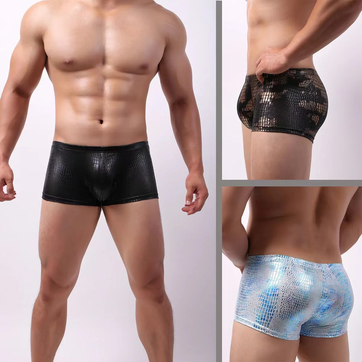 Sexy Snake Pattern Men\'s Underwear Breathable Low Waist Boxer High-end Artificial Fur Sequin Hip Lift Briefs Trunks Large