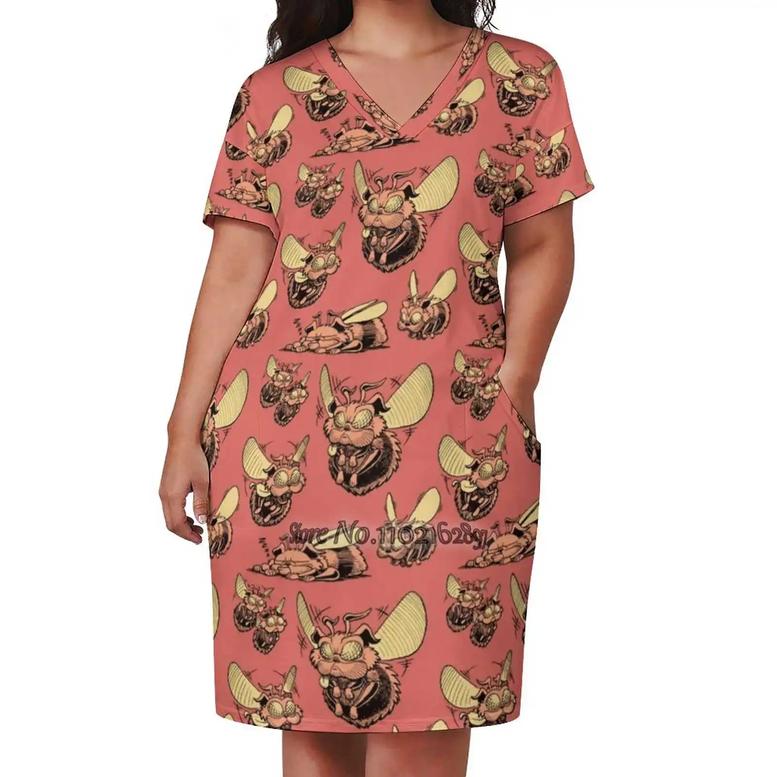 Pug Bees - Orange Pattern Sexy V-Neck Dress Fashion Casual Printed High Quality Short Sleeve Skirt 5Xl Pugbee Pug Bee Pug Bee