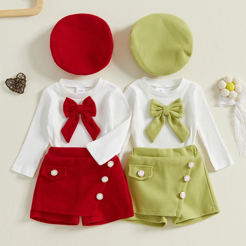 6M-3Y Baby Girls Cute 3Piece Outfits Set Long Sleeve Crew Neck Bowknot Pullover T-shirt with Button Shorts and Beret Hat