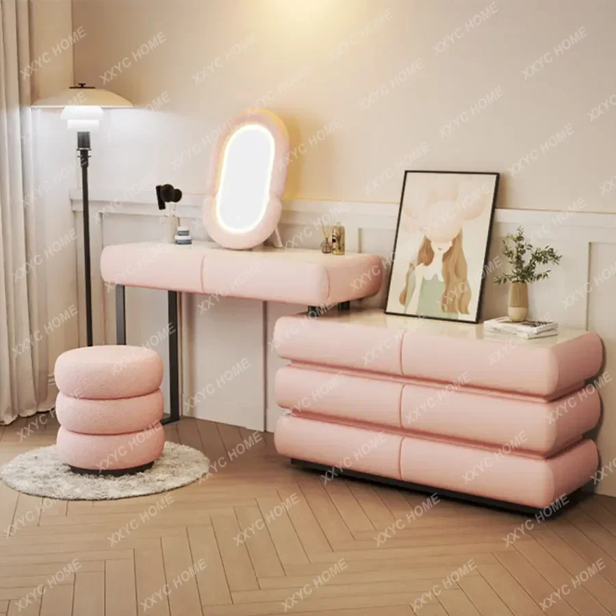 Girls Vanity Table Pink Multifunction Kids Corner Placement Mobile Luxury Dressers Transportable  Bedroom Furniture