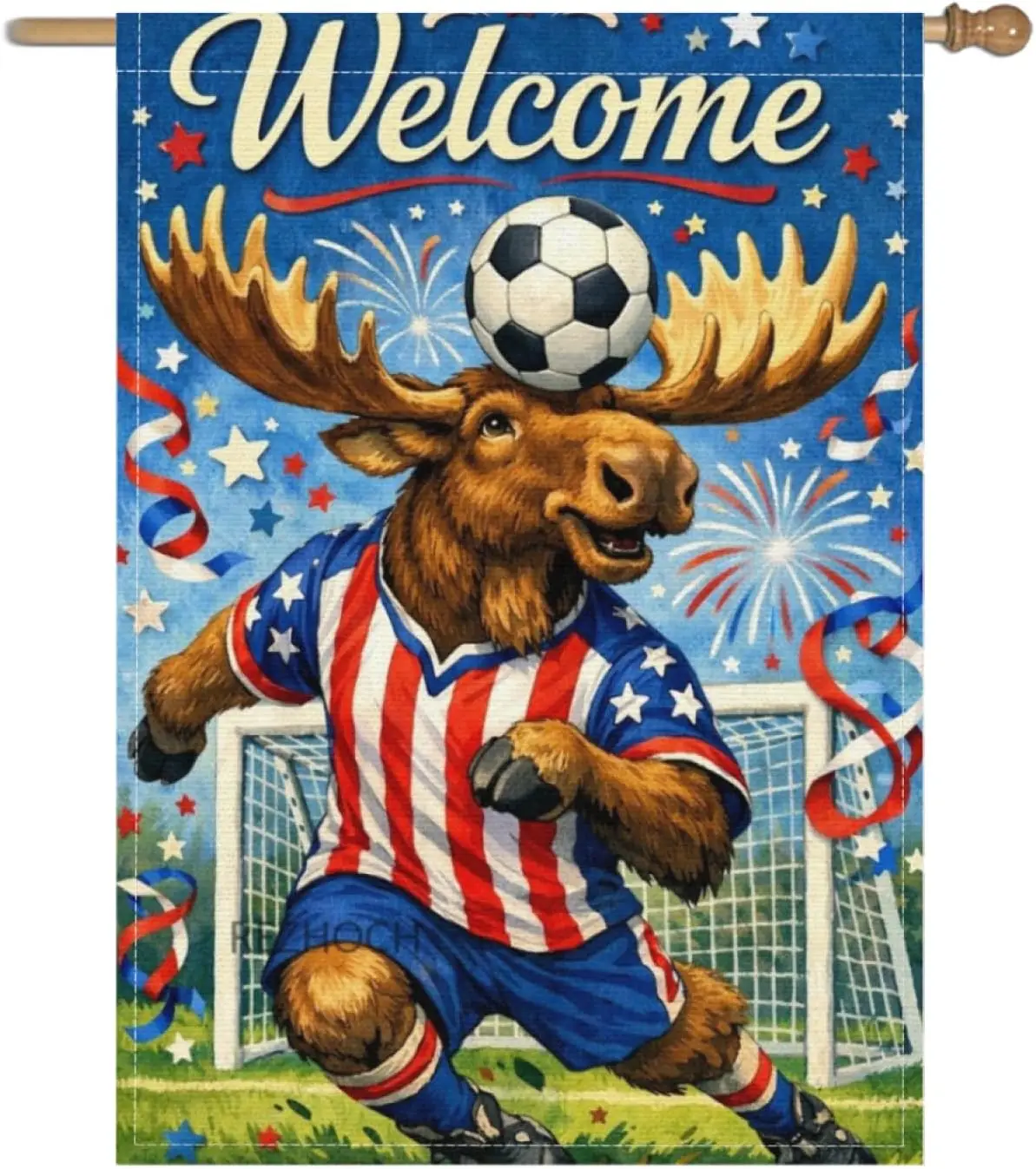 Welcome Funny Moose Garden Flag 28x40Inch,Boho American Red White Blue Outdoor Yard Decor,Soccer Animal Festive Stars Stripe jjp