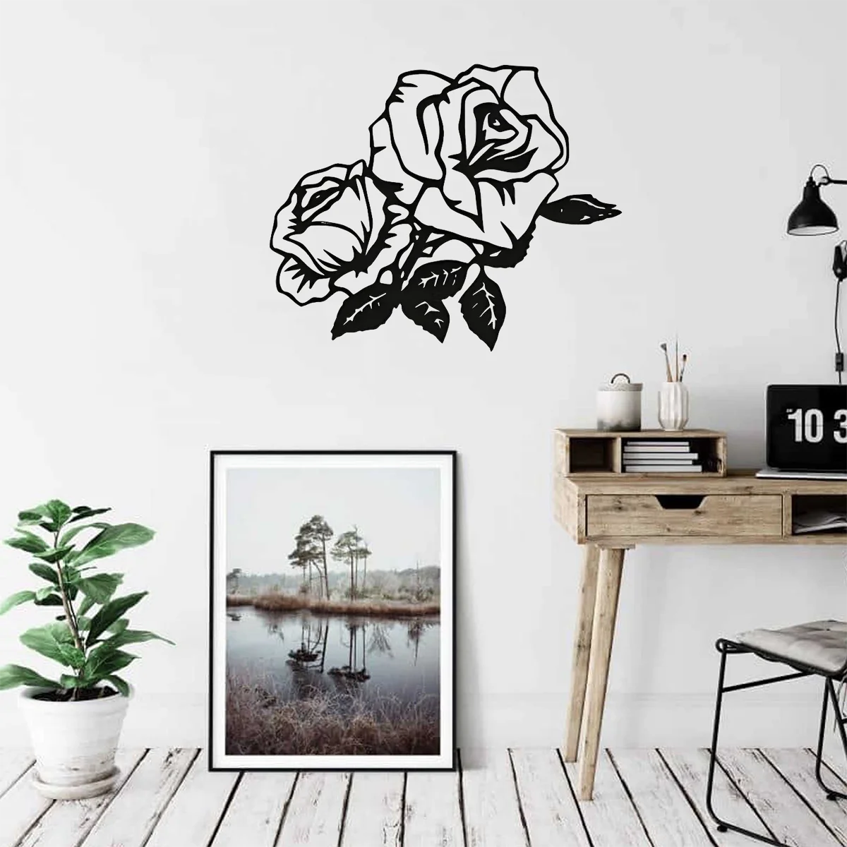 

Metal Iron Rose Flower Wall Hanging Decoration Black Silhouette Iron Ornament Livingroom Valentine's Day Gift Metal Decor Art