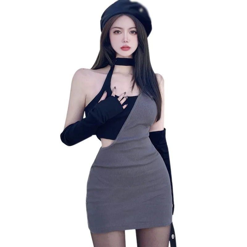 Versione coreana delle ragazze che appendono il collo Hollow Sexy Slim fit abito a maniche lunghe con spalle scoperte vestito attillato estivo Sexy