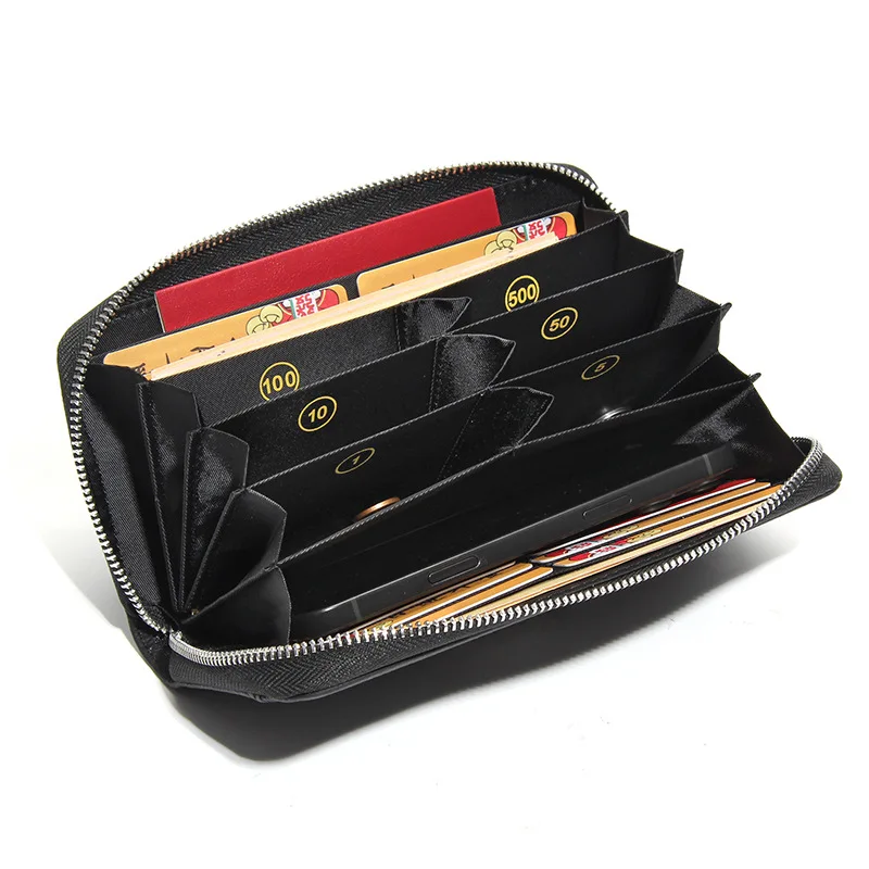 Genuine Leather Mens Wallet Zipper Arrounded Large Capacity Accordion Folded Cash Cards Phone Holder RFID Blocking Long Wallet