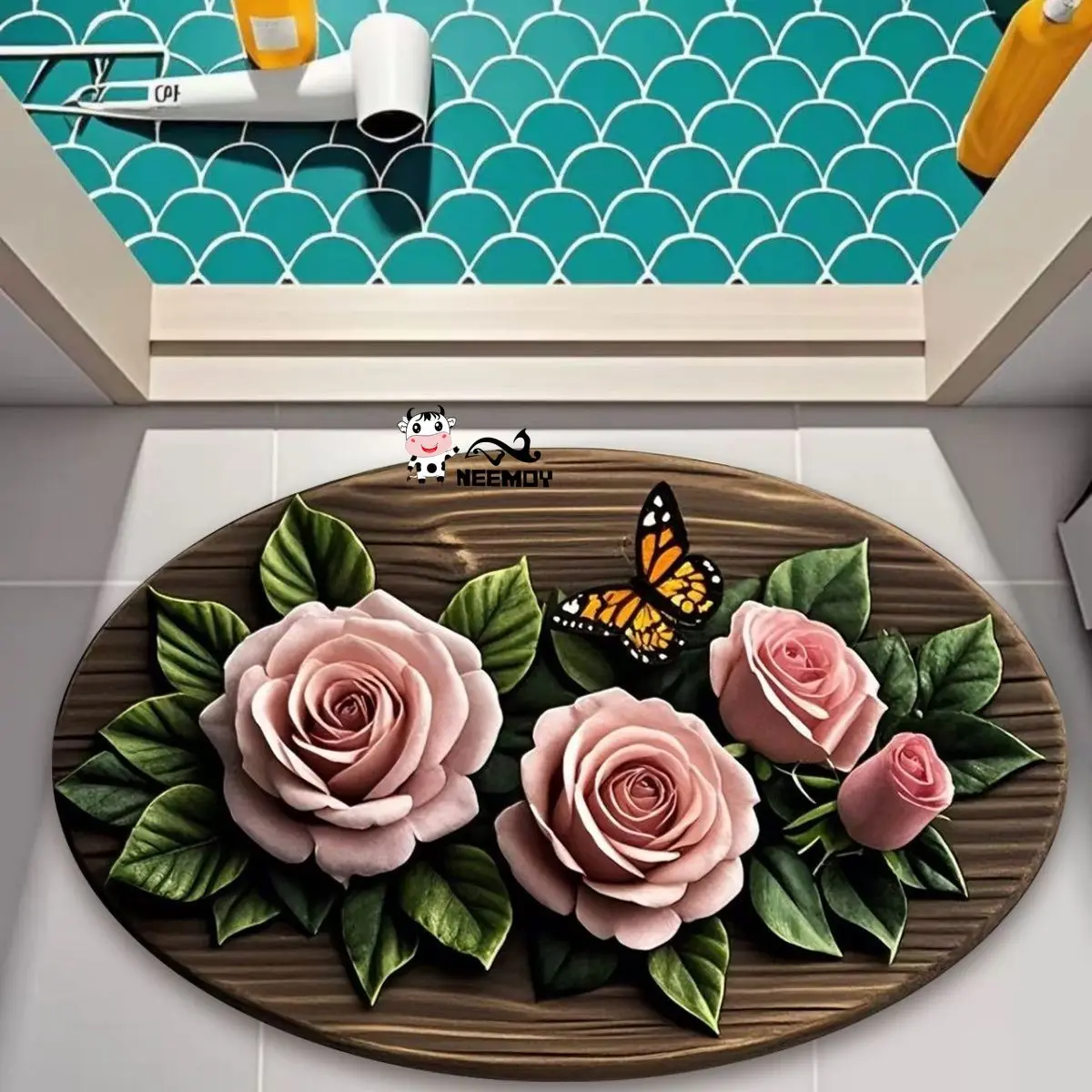 3D Digital Printing Diatomaceous Earth Oval Garden Printing Anti Slip Floor Mat with Pastoral Style Super Absorbent Anti Slip