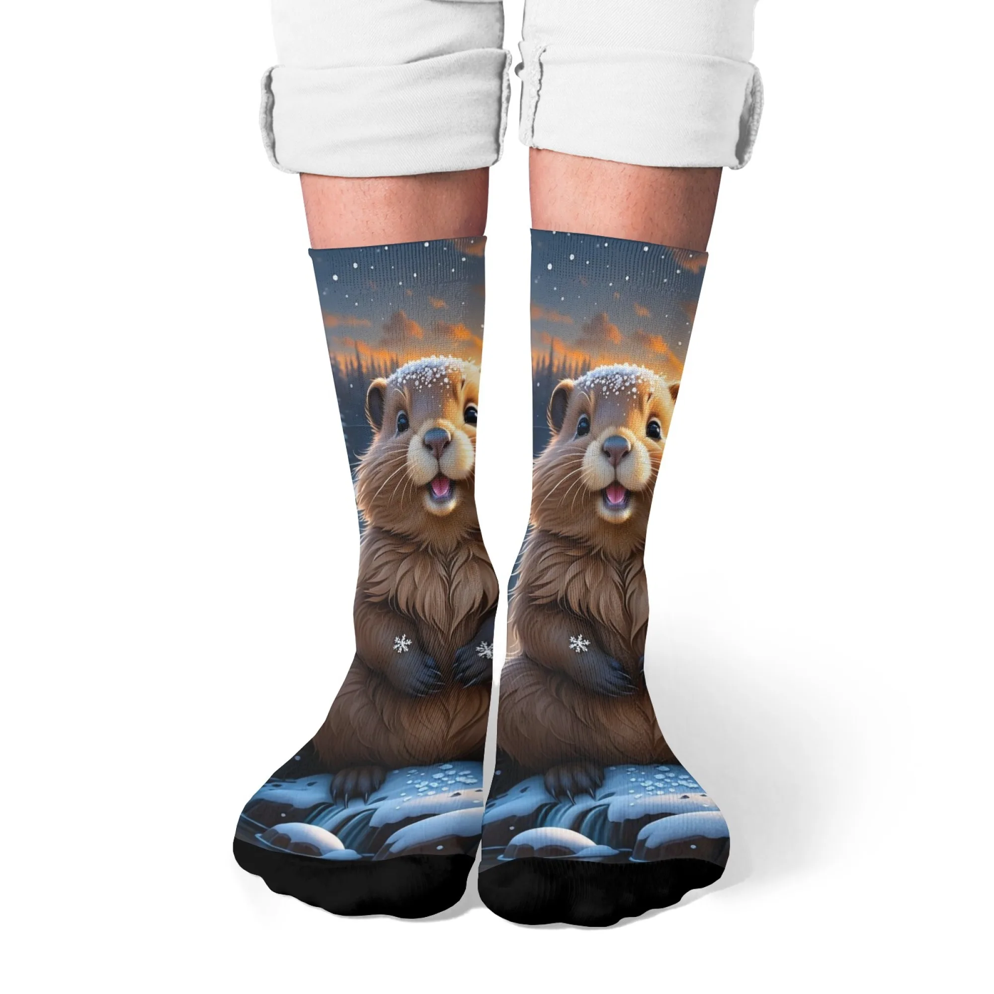 Winterliche gemütliche Starry Woodland süße Murmeltier-Crew-Socken, verschneite Socken mit Murmeltier-Aufdruck im Heilstil, einzigartiges Geschenk für süße Tierliebhaber