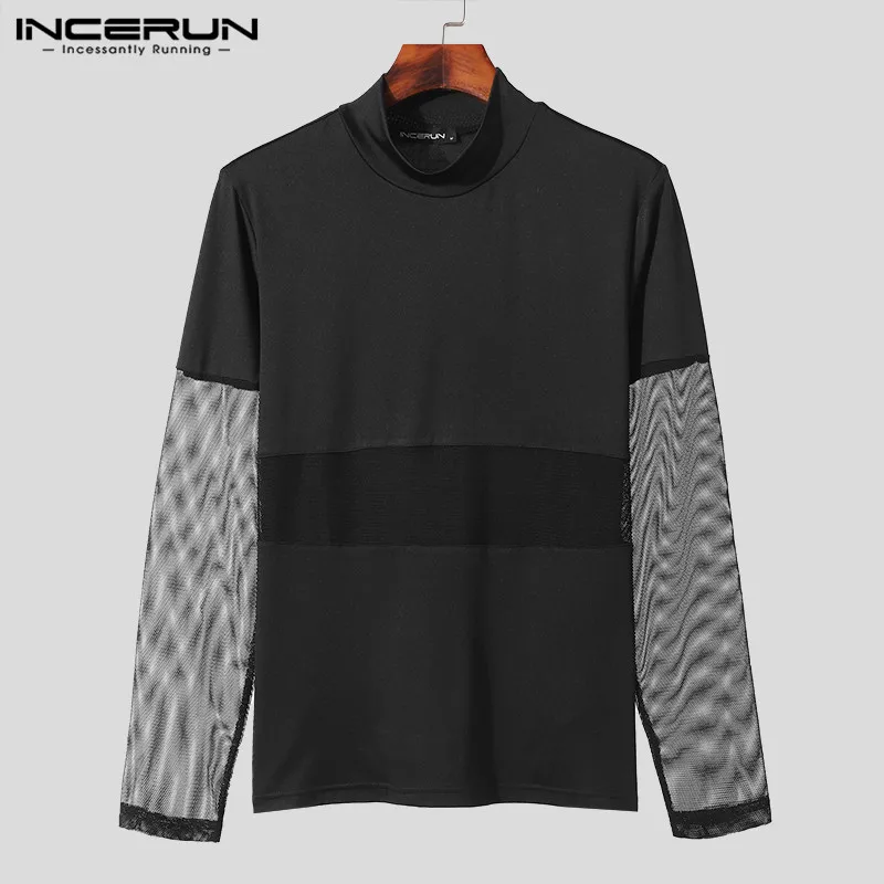 Sexy Casual Style Tops INCERUN 2024 Men\'s Mesh Splicing See-through Half High Neck T-shirts Stylish Thin Long Sleeved Tees S-2XL