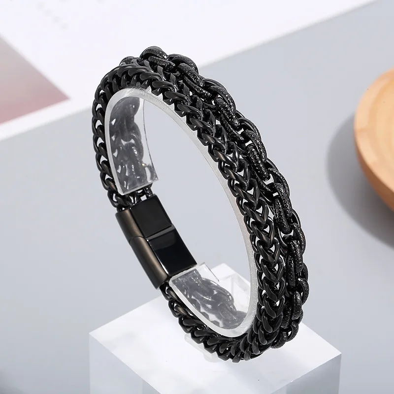 316L Stainless Steel Biker Double Layer Figaro Chain Men's Rope Link Bracelet For Friends Gifts 8mm 8.66'' 64g