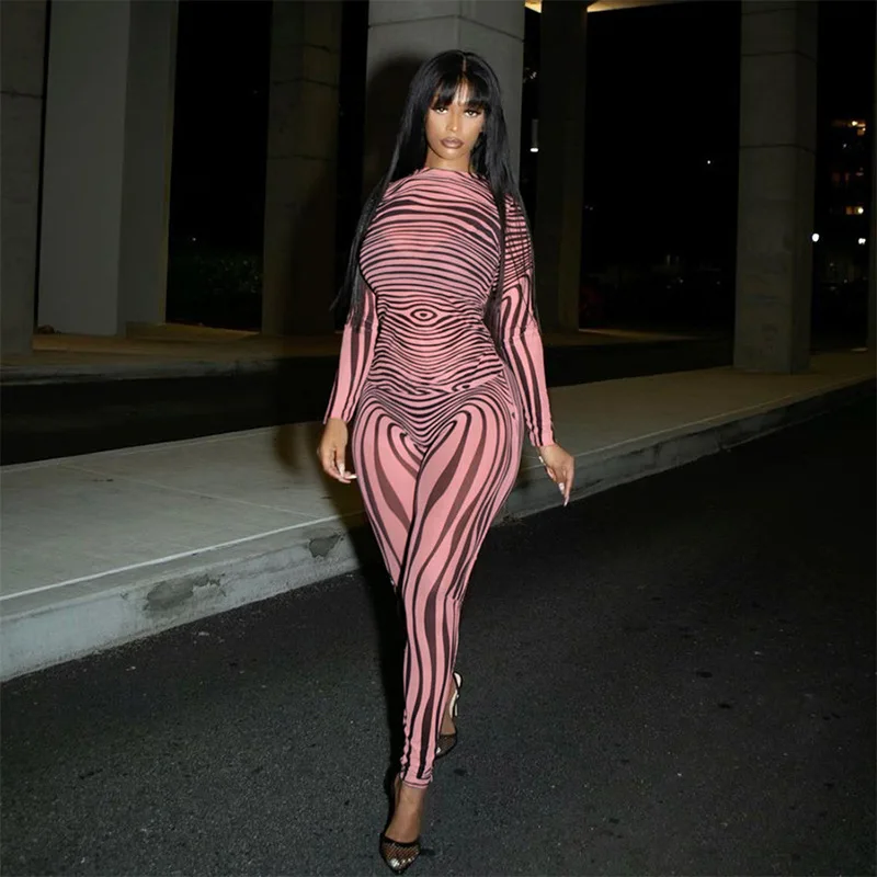 Sexy Hipster Long Sleeve O-Neck Female Streetwear Outfits Mesh Striped Two Piece Set Women Sheath Body-Shaping High Street