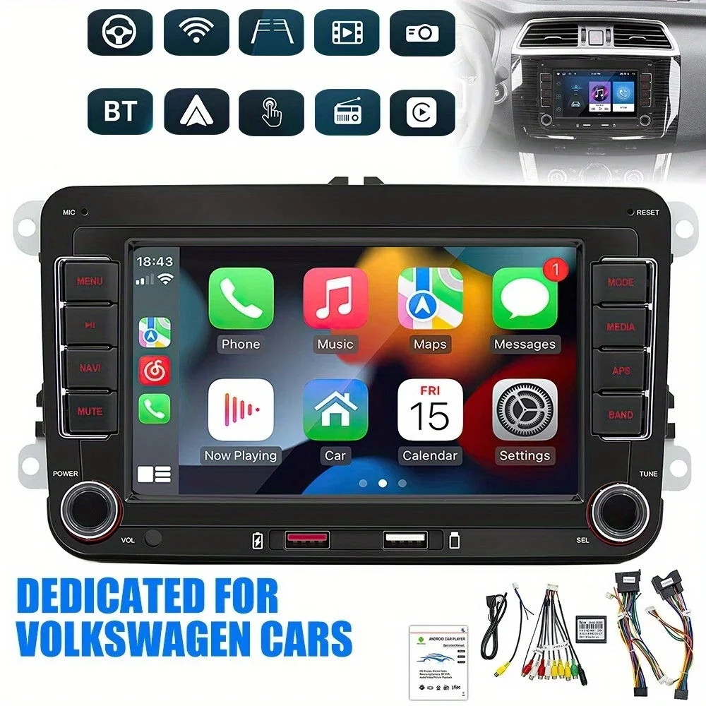 7-Inch Universal Car Stereo Unit for VW Passat, Golf, Jetta, T5, EOS, POLO - BT FM Radio with RCA, Red Button Light