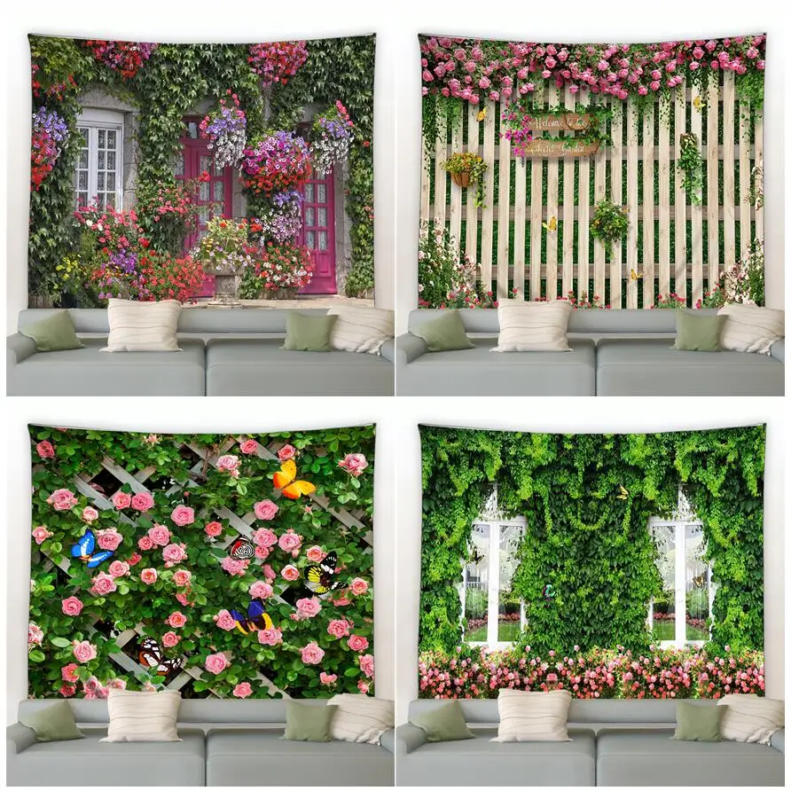 Spring Butterfly Flowers Tapestry Retro Wooden Fence Nature Pink Rose Plants Floral Wall Hanging Garden Home Decor Scenery Cloth