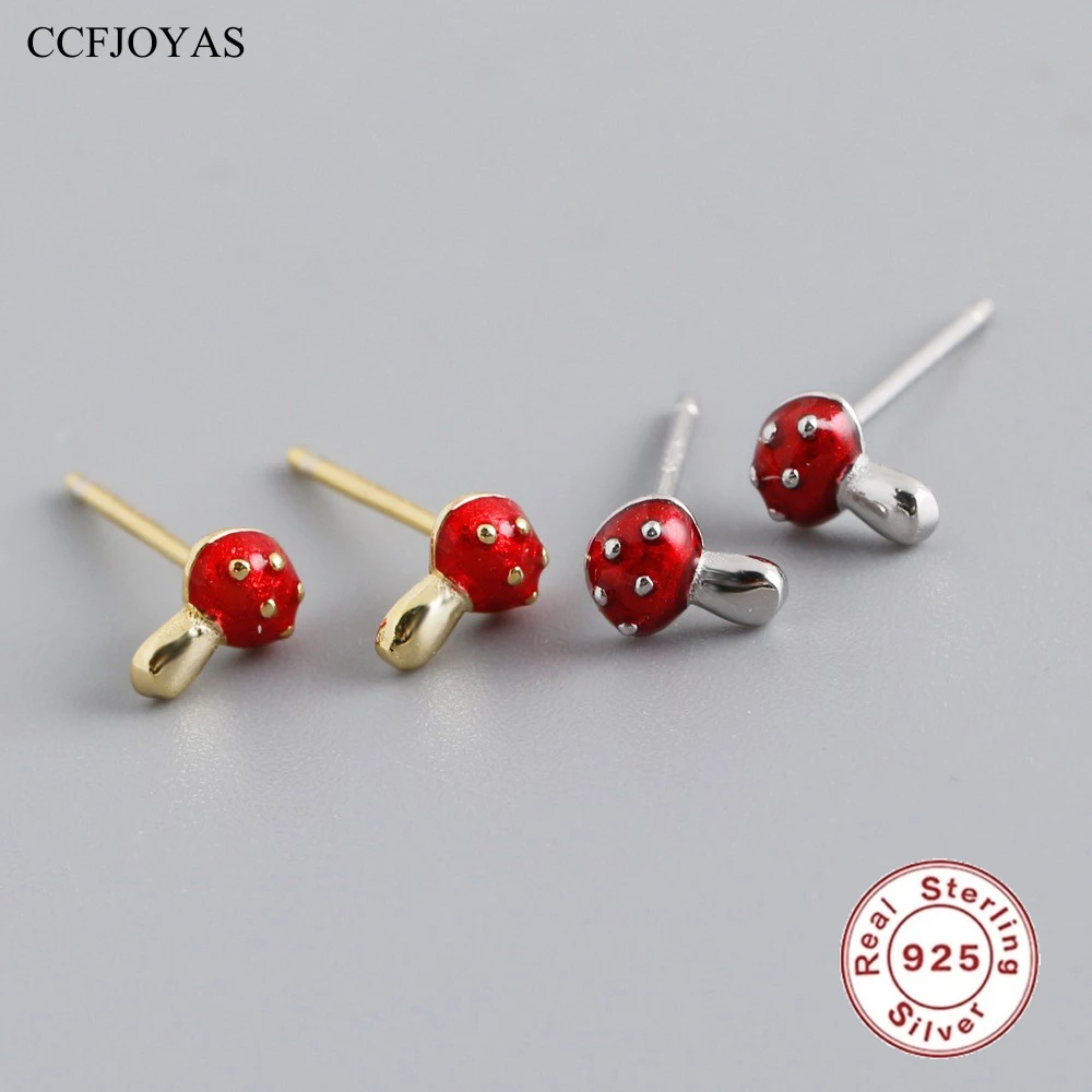 

CCFJOYAS 925 Sterling Silver Mushroom shaped Stud Earrings for Women Japanese and Korean Small Fresh Cute Red Enamel Studs