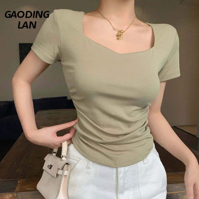Summer Pure Cotton Solid Color Women Bottoming Shirts Short Sleeve Square Collar Tight Tops Female Slim Waist Sexy Tee Versatile