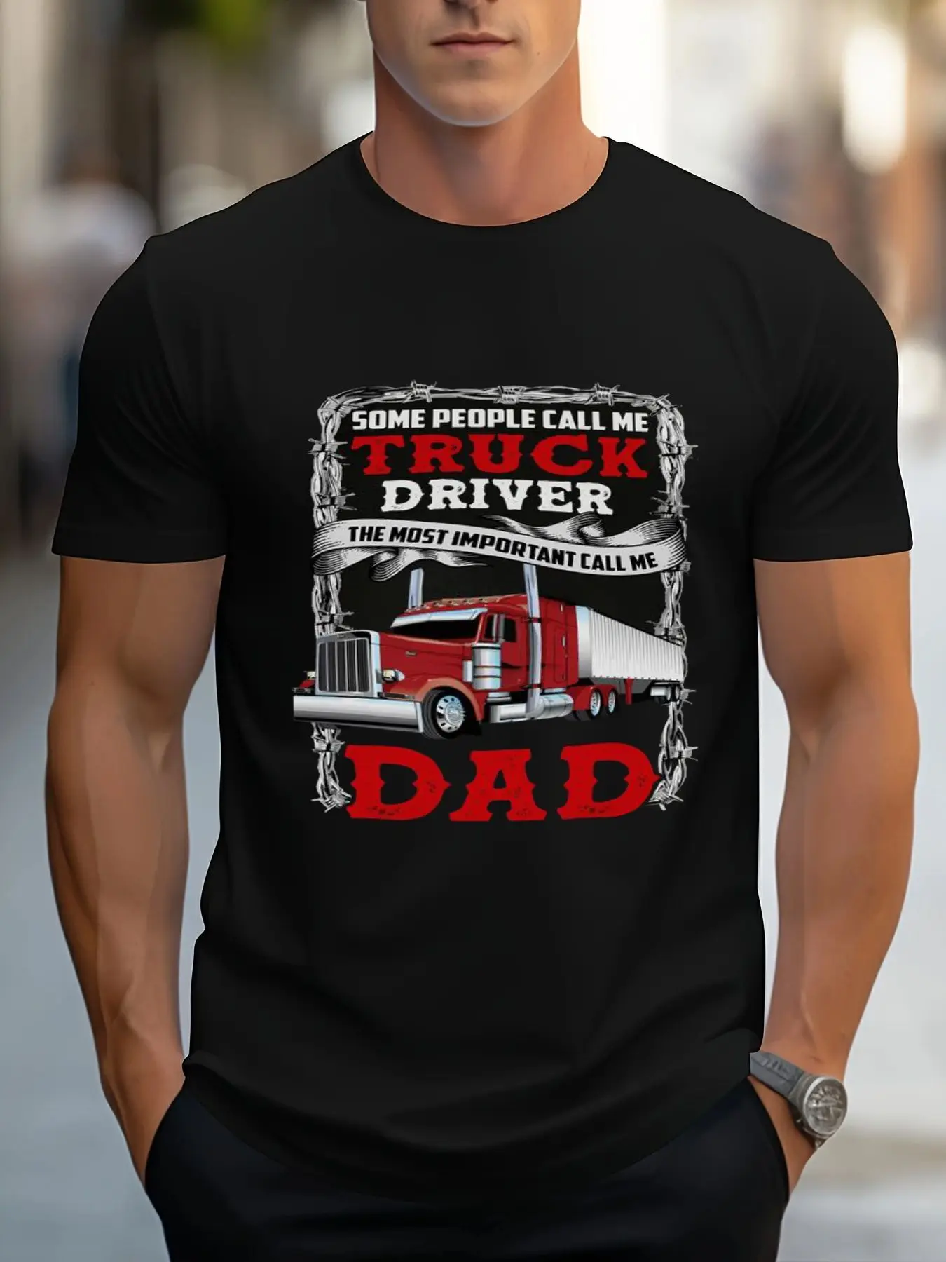 Casual round-neck T-shirt with a half-truck pattern, the perfect gift for dad. Truck driver enthusiast