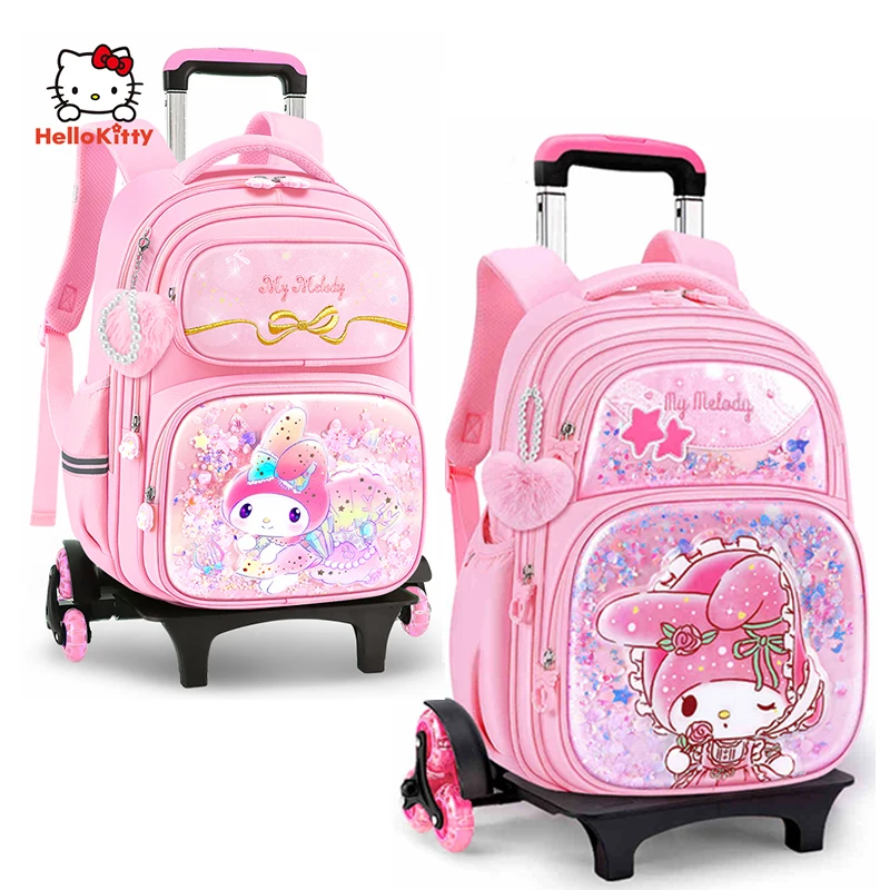 Miniso My Melody Girls Trolley Schoolbag Pupil Cute Wheeled Backpack Elementary Student 6-Wheel School Bag Girl Schoolgirl Gift