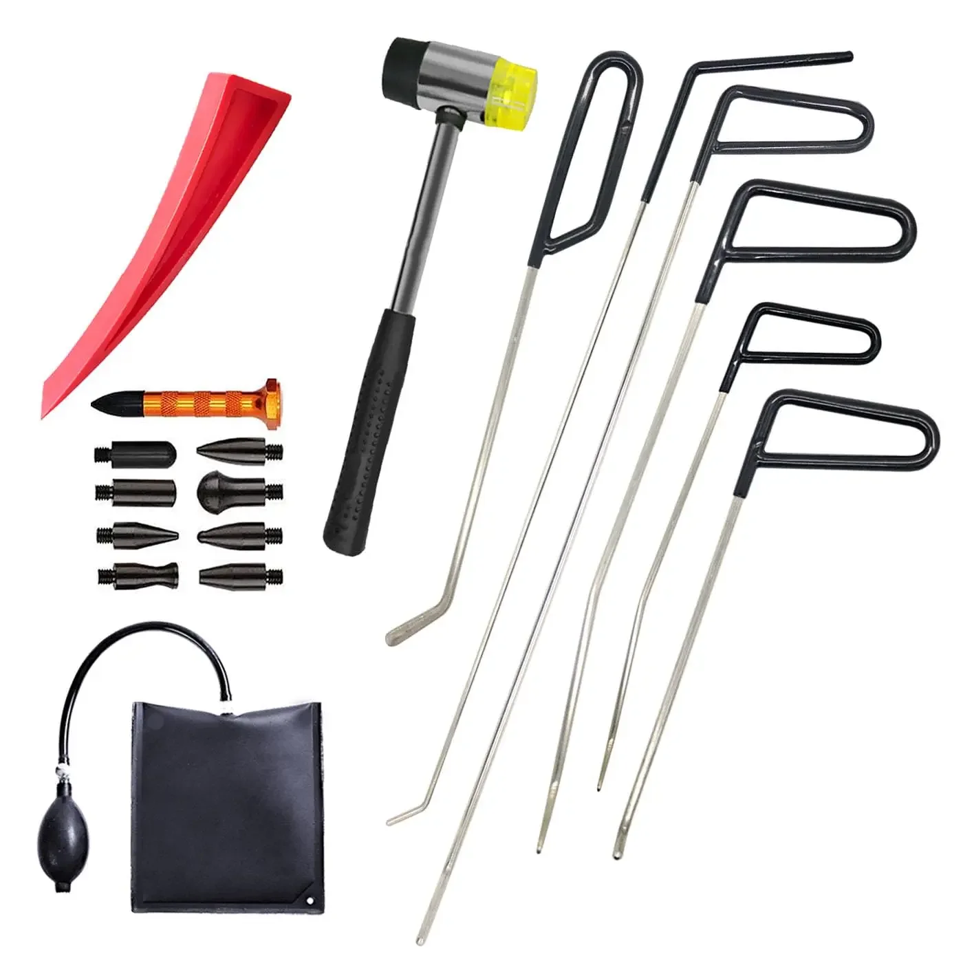 

Professional PDR Dent Repair Tool Kit: 6 Lever Rods, 9 Dent Pens, Rubber Hammer, Air Pump And Red Wedge