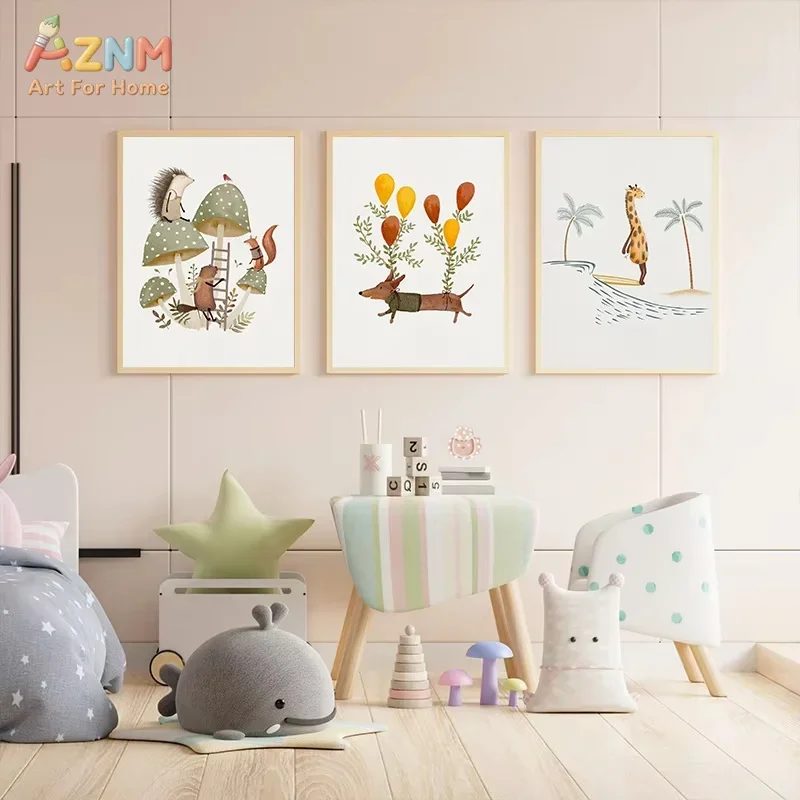 AZNM Frameless Canvas Poster Woodland Animal Watercolor Print, Mushroom House Squirrel Hedgehog Carousel Illustration Wall Pictu
