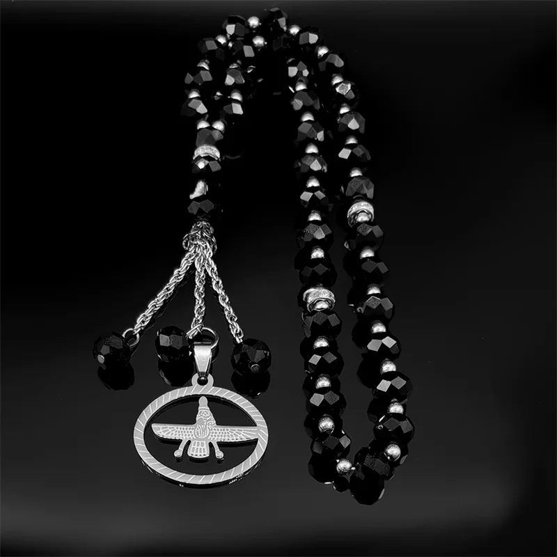 Aço inoxidável Cor Prata Zoroastrismo Carro Pingente para Homens e Mulheres, Jóias Cadeia de Vidro Preto, Árabe Cuture Mazda Religião