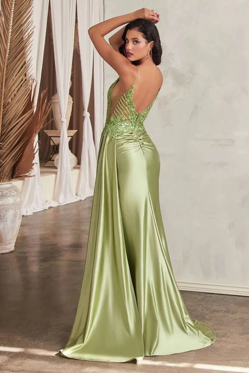 Thin Straps Satin V-Neckline Leg Slit Prom Dress With Appliques Side Satin Sash Zipper Closure Wedding Guest Ruchedفساتين حفلة م