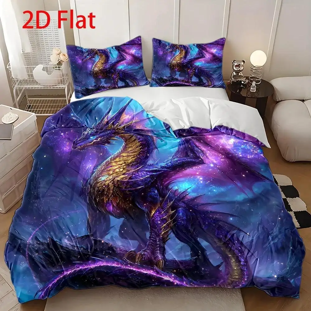 3Pcs Duvet Cover Set, 1Pc Duvet Cover and 2Pcs Pillowcases (No Filling) 2D Flat Printing, Duvet Cover Set, Purple Dragon Theme P