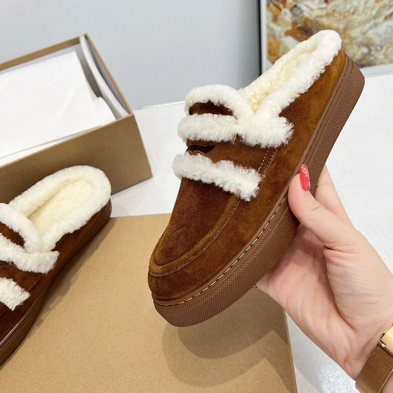

Mules Cow Suede Plush Lining Keep Warm Closed Toe Slippers Women Autumn Winter Retro Mixed Colors Thick Bottom Flat Shoes