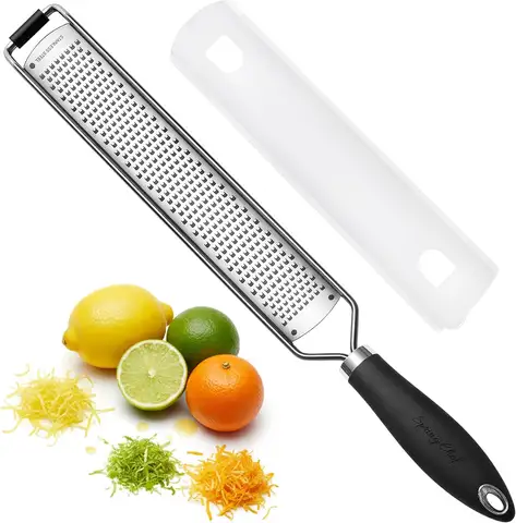 Stainless Steel Lemon Zester Grater with Handle, Fine Shred for Cheese Ginger Garlic, Heavy Duty Kitchen Tool with Blade Cover